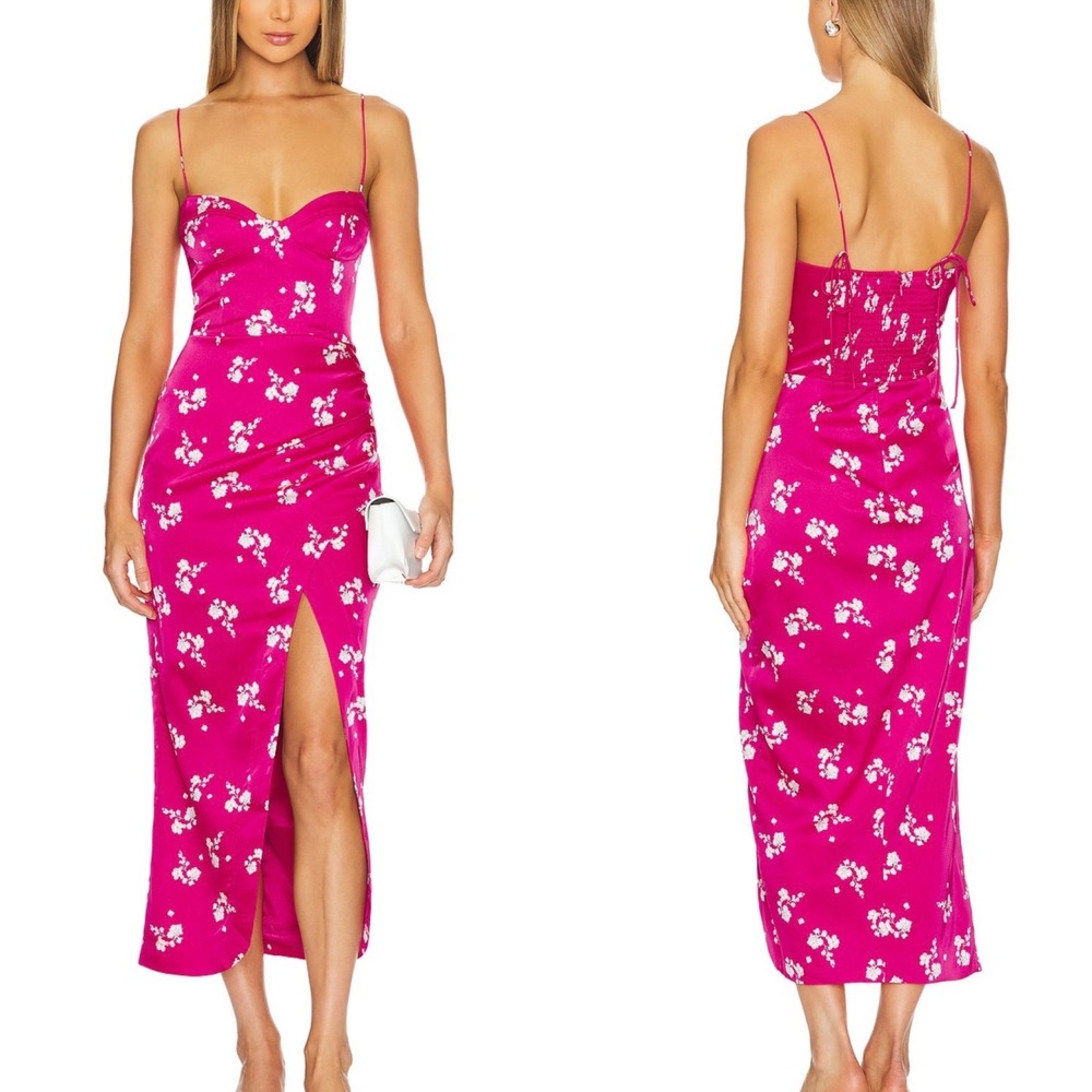 Bardot Amika Pink Floral Satin Bustier Midi Dress Wedding Guest Revolve NWT - 8